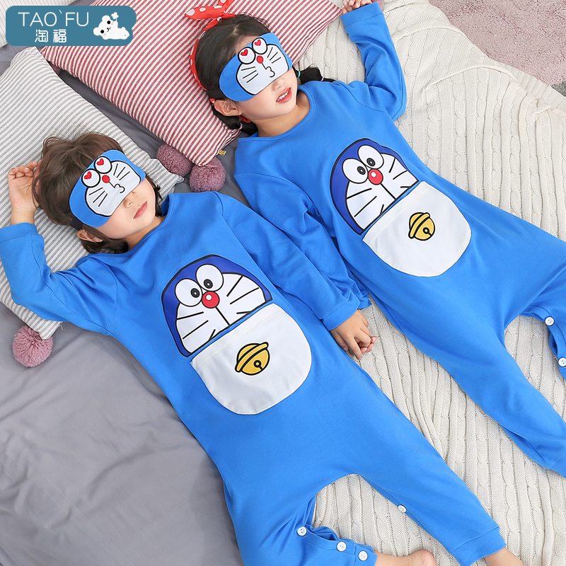 Xuân Thu trẻ em jumpsuits bông dài sleeveth cậu bé chống đá cartoon cô gái mùa hè quần áo nhà mỏng.