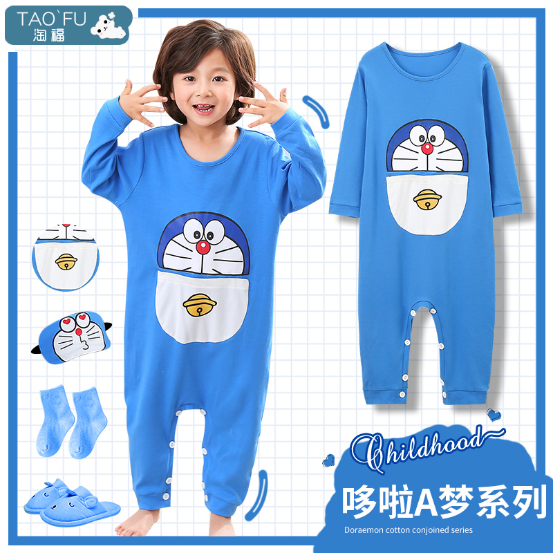 Xuân Thu trẻ em jumpsuits bông dài sleeveth cậu bé chống đá cartoon cô gái mùa hè quần áo nhà mỏng.