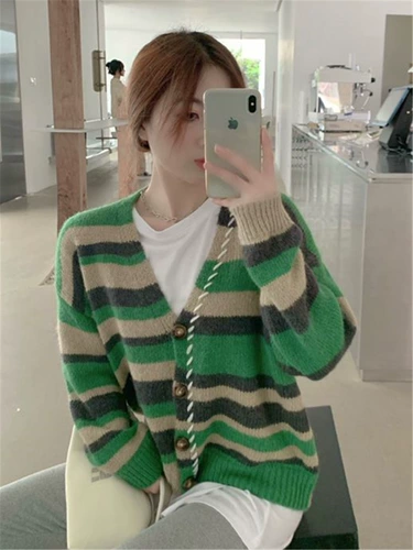 Трикотажный осенний ретро кардиган, короткий свитер, куртка, свободный крой, в западном стиле