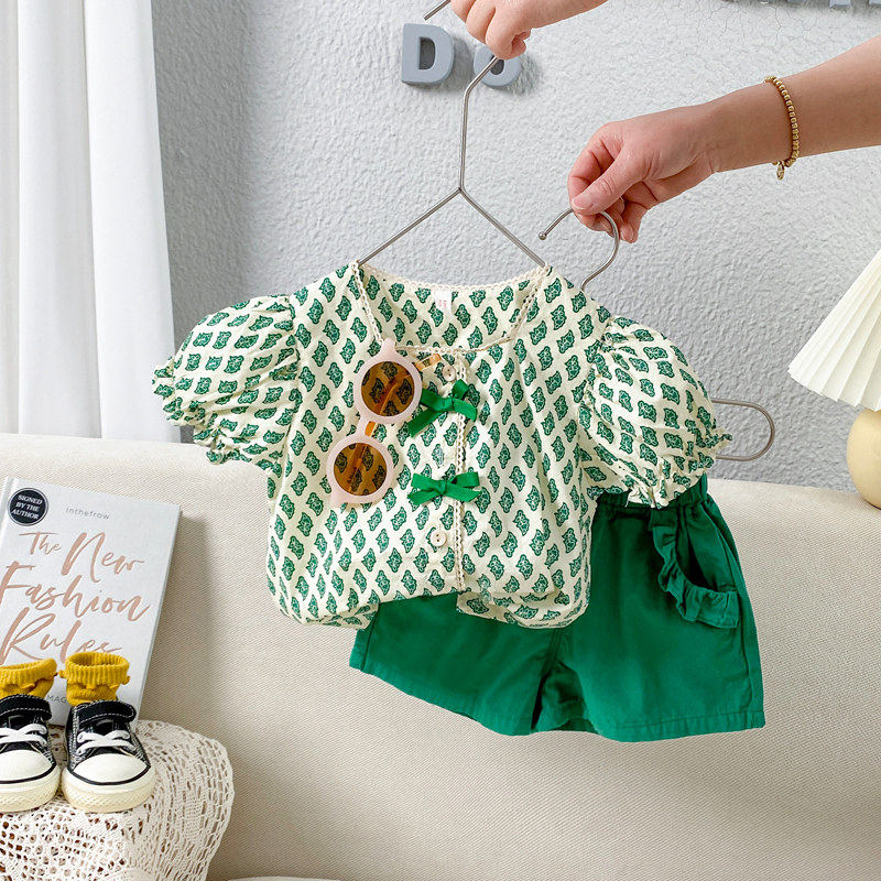 Girl Nets Red Ocean Dress Summer 2022 New Small Children Short Sleeve Shorts Young Children Summer Clothing Two Sets Clothes