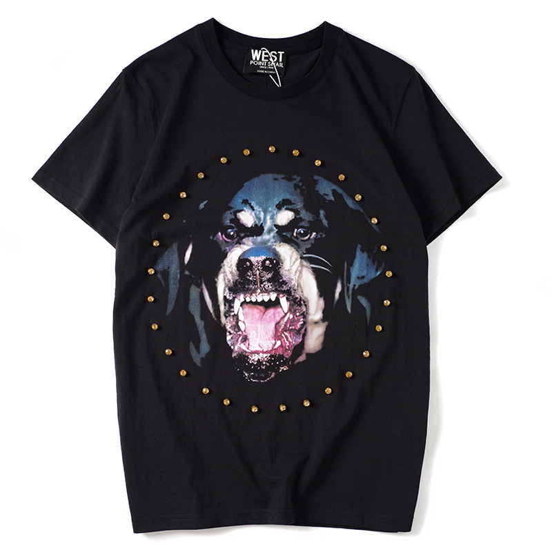 Fujifanxi Men's Co-Branded Summer Rhinestone Dog Head Shark Short-Sleeved Men's Pure Cotton T-Shirt with Round Neck and Half Sleeves