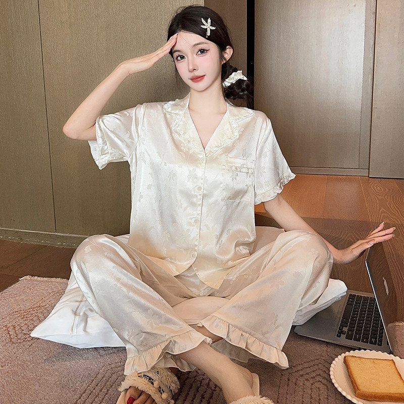 Gets Pretty Silk Short-Sleeved Long Pants Pajamas Women's Summer Set with a High-End Feel and Light Luxury That Can Be Worn Outside as Loungewear