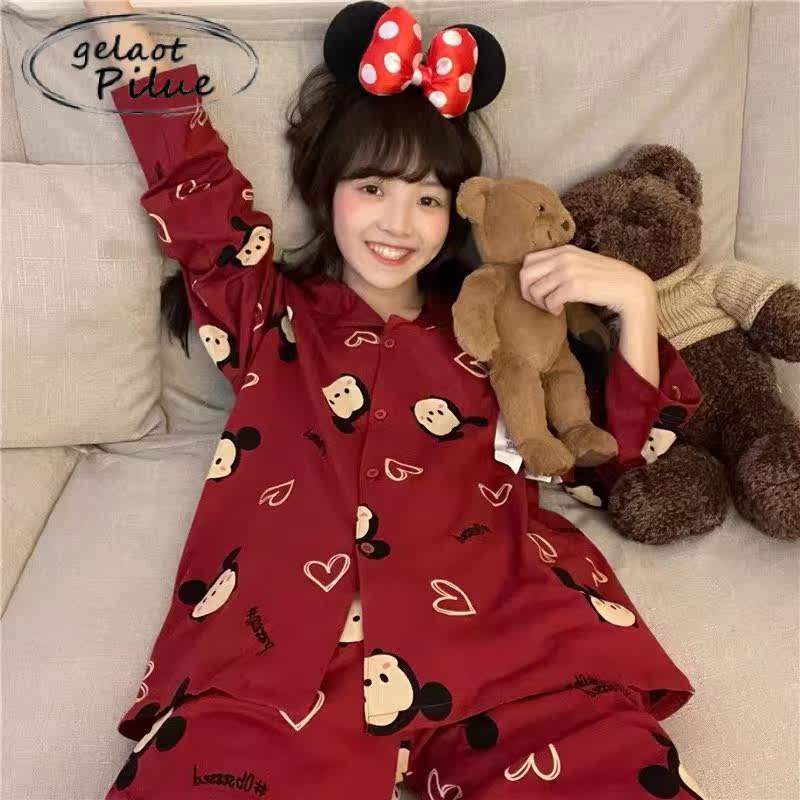 Japanese GP red Mickey pajamas women's 2022 new spring and autumn cardigan suit loose cartoon home clothes