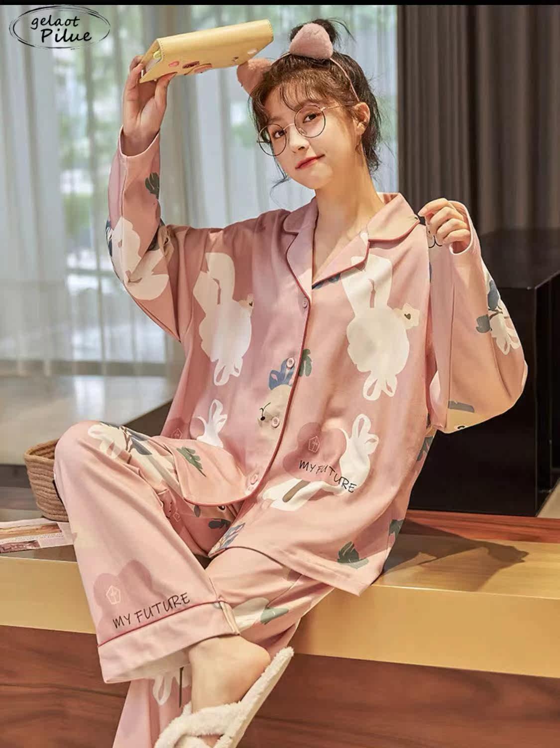 Japanese GP pajamas women's cotton long-sleeved 2022 spring and autumn new large size simple and cute home clothes set