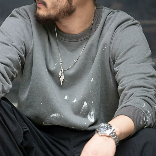 马登工装 日系复古烟灰色泼墨印花卫衣秋冬圆领套头休闲外套男潮