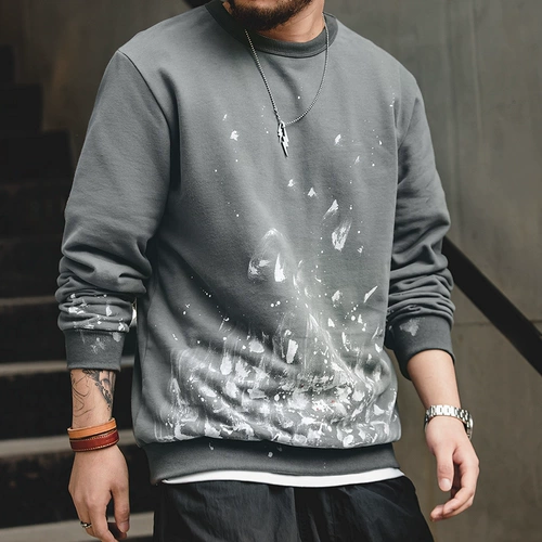 马登工装 日系复古烟灰色泼墨印花卫衣秋冬圆领套头休闲外套男潮