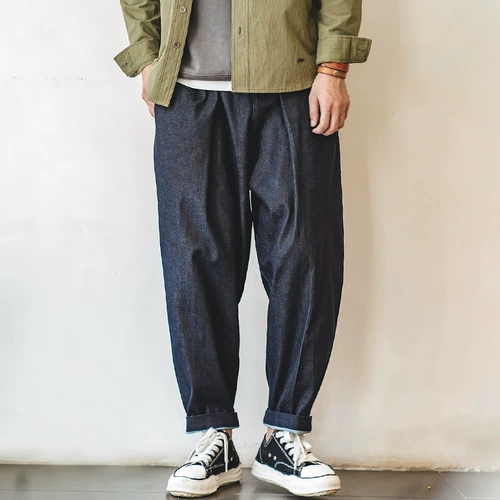 Японские ретро синие джинсы на липучке, штаны, эластичная талия