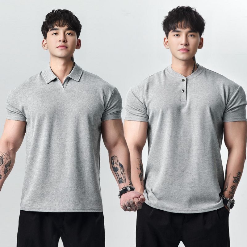 Summer New Chinese-Style Henry Collar/Lapel Large Polo with Cuffed Sleeves, Breathable, Casual, High-Elasticity Fitness T-Shirt