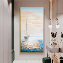 Pure hand painted oil painting One sails Xuan Xuan Xuan Guan Guan Decoration Painting Veranda Aisle Vertical Version Sunrise Hanging Painting Scenery Yangsail Sail