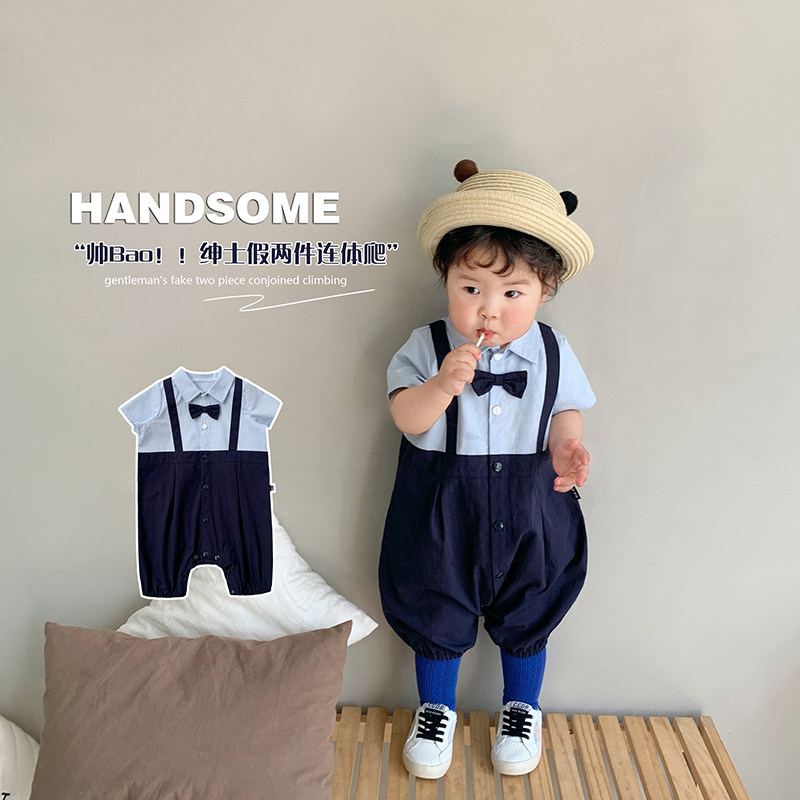 2022 summer new children's clothing male baby fake two-piece short-sleeved jumpsuit infant dress romper birthday clothing tide