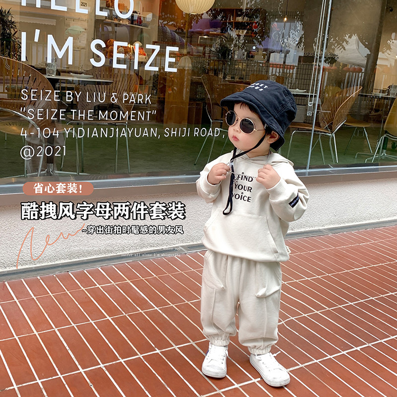 Boy Lian Hat Sportswear Suit Pants Suit 2022 Spring Dress New Boy Trendy Movement Two Suit Foreign Clothes Tide