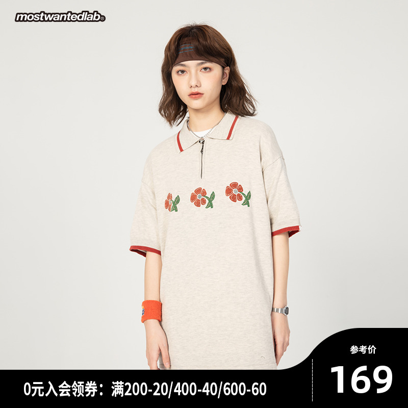 Mostwantedlab flower knitted half-zip polo shirt men's summer couple loose short-sleeved T-shirt women's summer