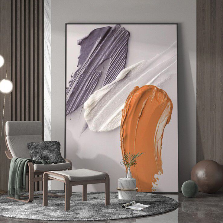 Modern light luxury living room porch decoration painting yellow and purple abstract texture pattern background wall large vertical hanging painting