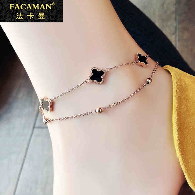 Fakaman Double Layer Four Leaf Grass Foot Chain Woman Personality Han Edition Women's Sexy Rose Gold Titanium Steel Small Crowdsourced Design Foot chain