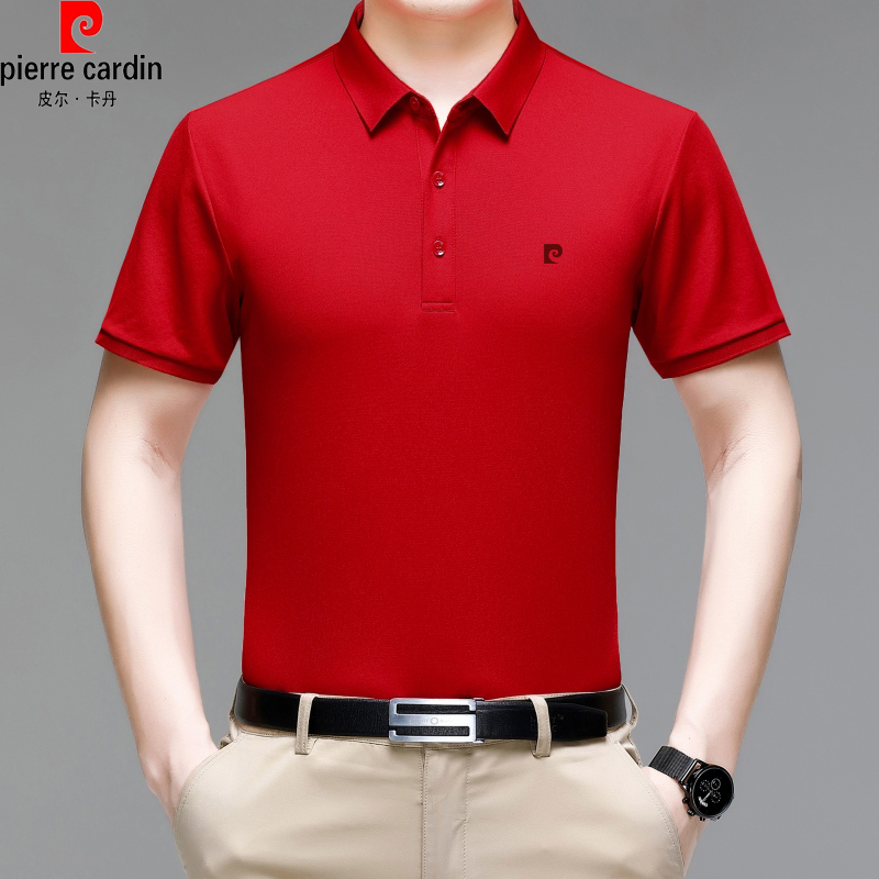 Pierre Cardin Men's Short-Sleeve T-Shirt, Middle-Aged, Turn-Down Collar, Mulberry Silk, Red, Half-Sleeve, Plus Size, Chinese Red