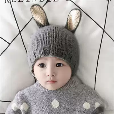 Baby knitted wool hat autumn and winter men and women baby baby ear outside Cap 0 -- 2 year old New hat