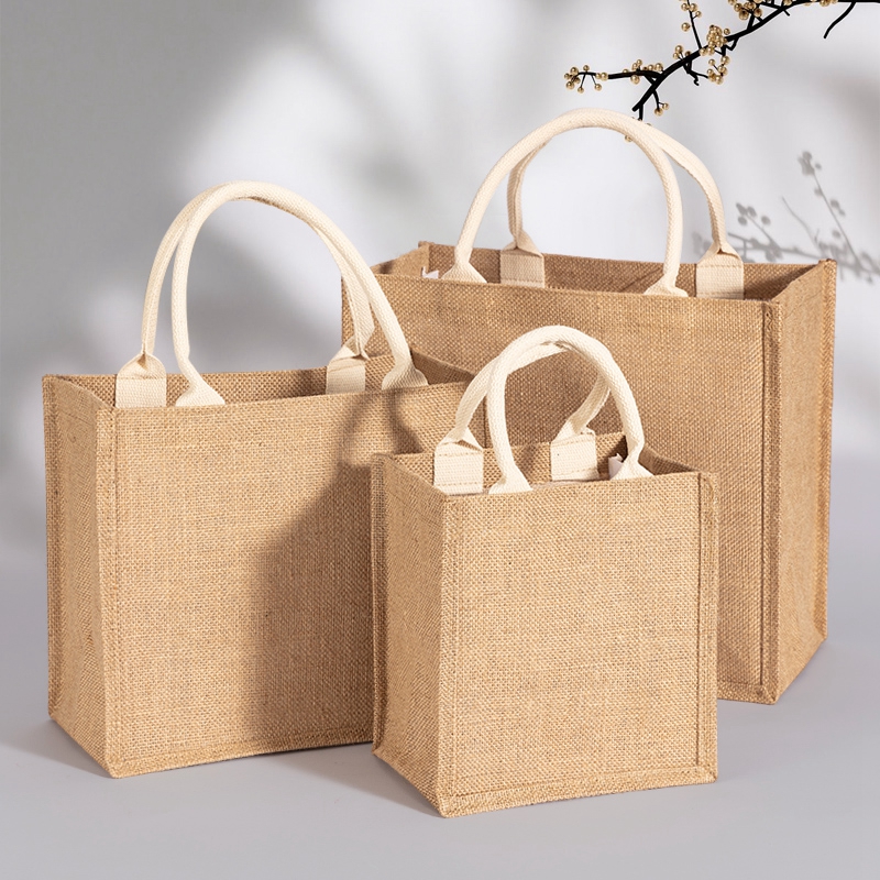 Environmentally friendly linen bag customized diy handbag linen cotton shopping canvas lunch box packaged jute cloth bag button
