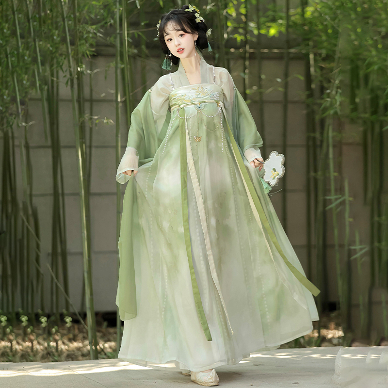 Qingshanxing Original Hanfu for Women【Wanwan】Tang-Style Qi Xiong Skirt with Embroidery and Print, Daily Wear Slimming Fairy-Like Set