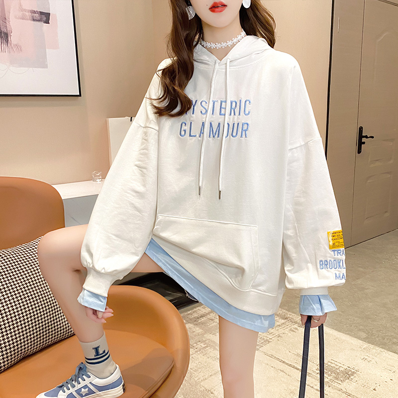 Pregnant women's autumn clothing fashion spring and autumn loose long-sleeved hooded thin section Korean version go out medium and long version large size sweater top