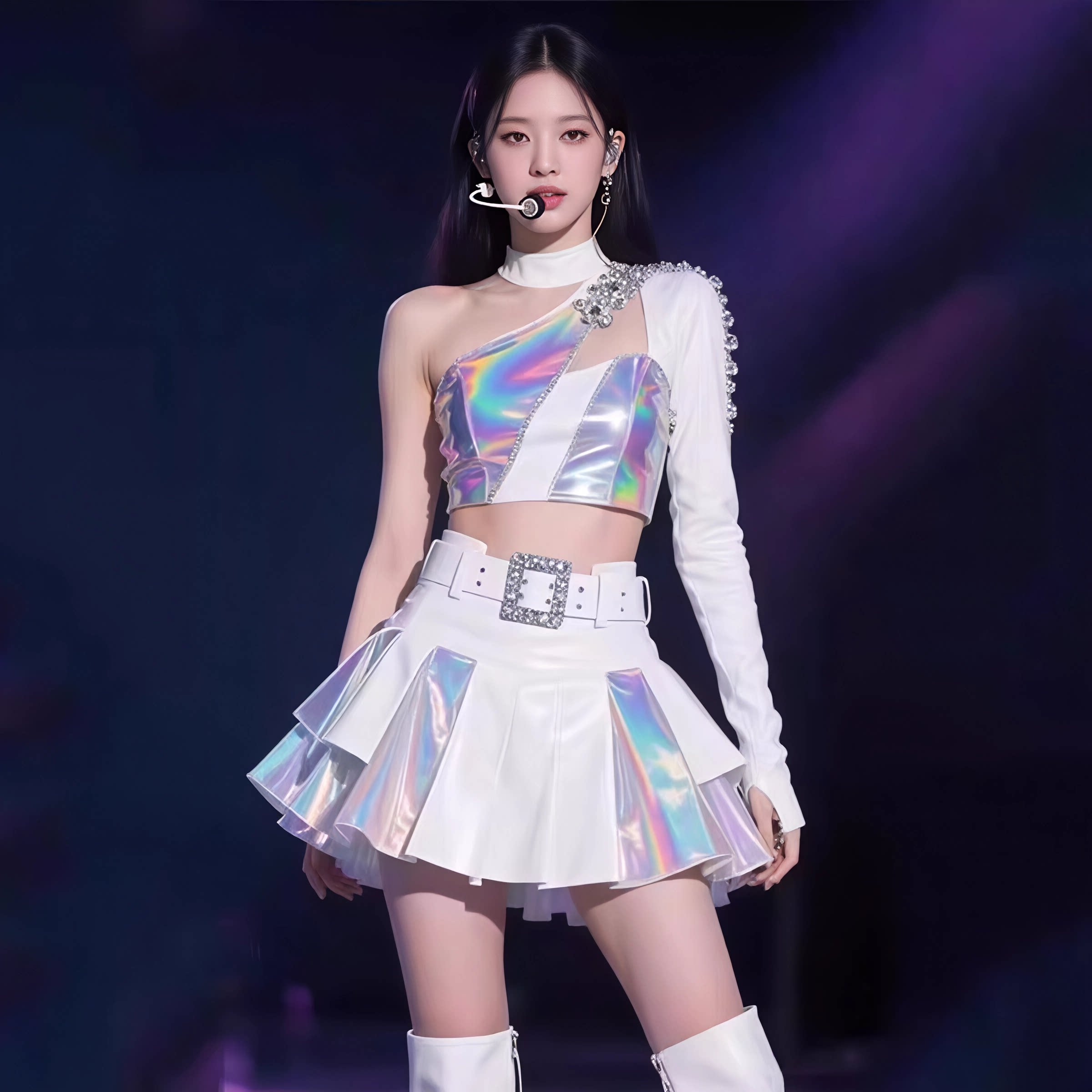 女团舞台同款白色镭射拼接皮套装打歌服kpop爵士舞套装舞蹈演出服