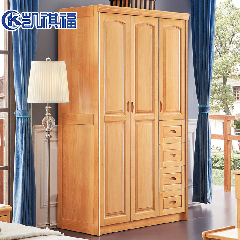 Log wardrobe three-door wardrobe assembly storage cabinet storage cabinet small apartment beech children's three-door wardrobe all solid wood