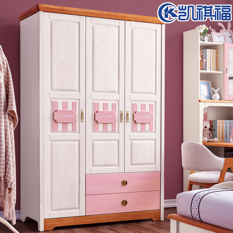 Three Doors Wardrobe Children Girl Closet Pink Nordic Clothes Containing Lockers Large Capacity Solid Wood Four Doors Wardrobe