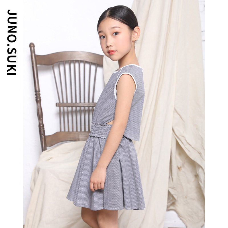 Girls Plaid dress big boy 2021 summer new children's waist skirt 12-year-old girl forest long dress