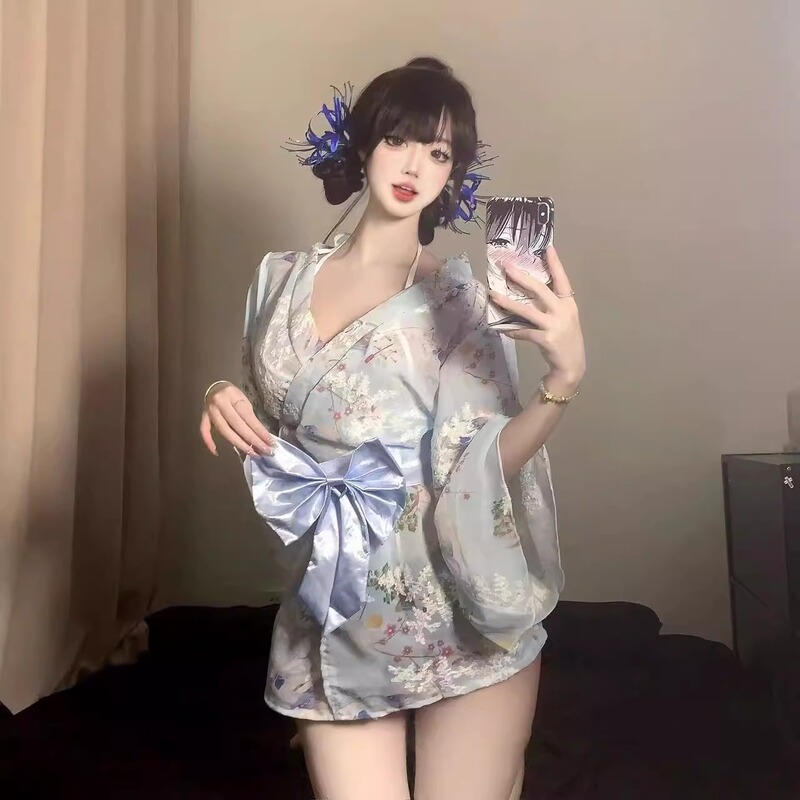 Japanese-Style Sexy Embroidered Kimono Cherry Blossom Bathrobe Dress, Waist-Cinching, Slimming, Seductive Bell-Sleeve Uniform Short Skirt Qqny