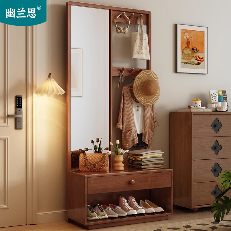 Youlan's Solid Wood Coat Rack, Floor-Standing Bedroom Home Shoe-Changing Bench with Dressing Mirror and Integrated Entryway Storage Rack