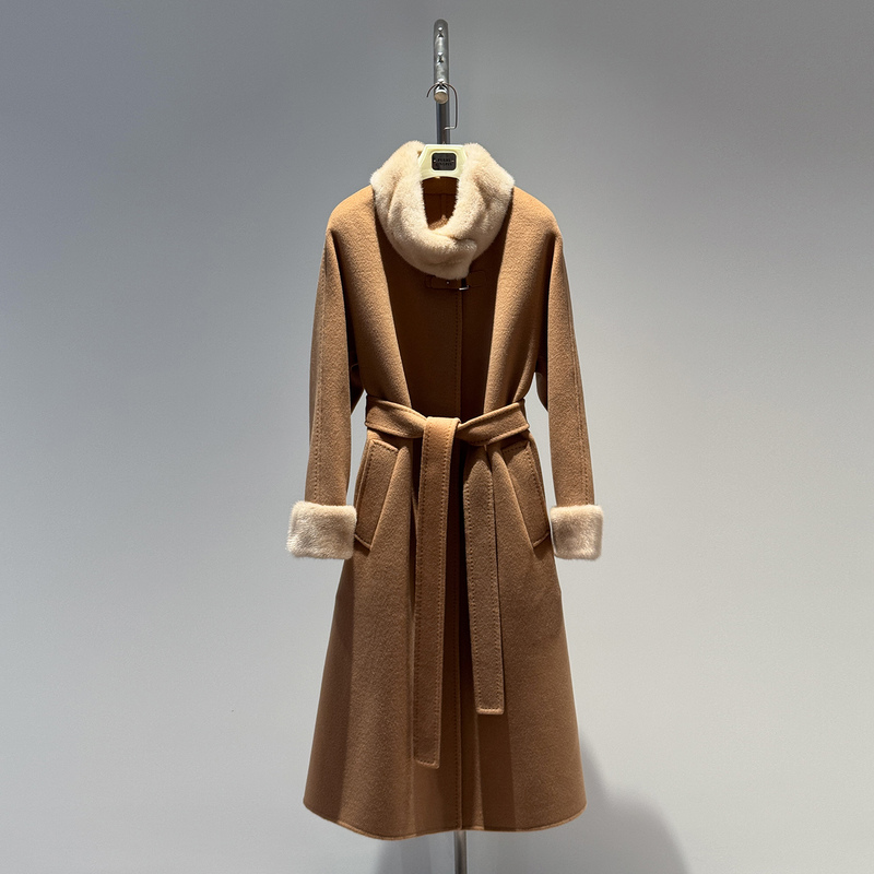 【Final Sale】High-End Mink Fur Collar Cashmere Coat for Women, Long Woolen Overcoat with Stand Collar, Elegant Trench Coat 【Final Sale】High-End Mink Fur Collar Cashmere Coat for Women, Long Woolen Overcoat with Stand Collar, Elegant Trench Coat