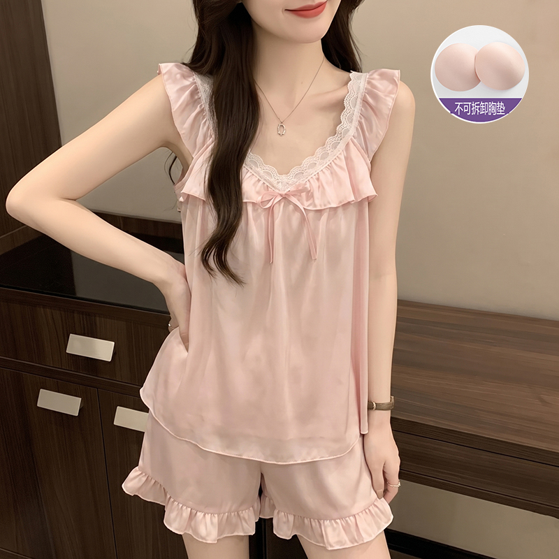 Sweet Style Ice Silk Pajamas for Women, Summer Camisole with Lace Ruffles, Pink with Chest Pads, Can Be Worn Outside, Loungewear Set Sweet Style Ice Silk Pajamas for Women, Summer Camisole with Lace Ruffles, Pink with Chest Pads, Can Be Worn Outside, Loungewear Set