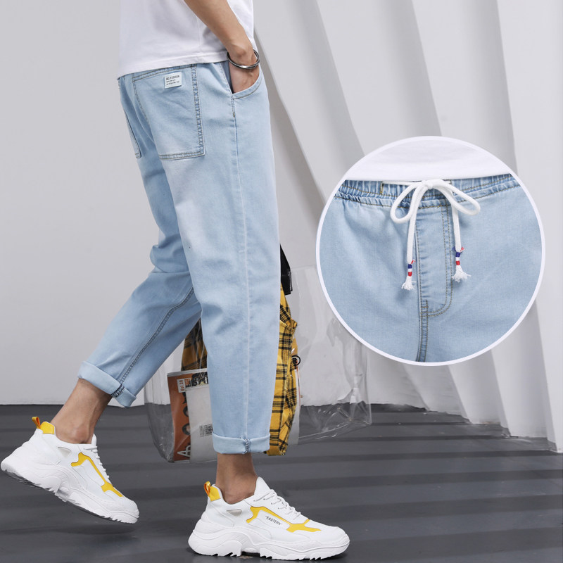 Stretch light-colored jeans men's summer thin section all-match straight Hong Kong style trendy loose casual nine-point pants