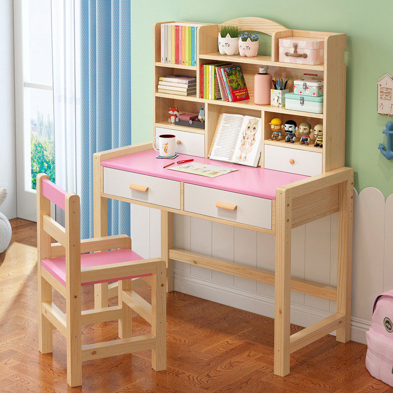 Children's desk solid wood with bookshelves Children's book table and chairs suit learning small-family-type girl's bedroom secondary school students