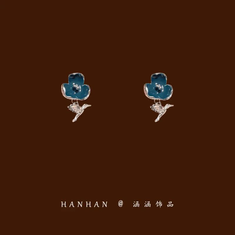 Retro Style Flowers Small Bird Earrings Delicate Advanced Sensational Ear Adorned with Ear-Pin Mosquito Coil Dish Without Ear Clip