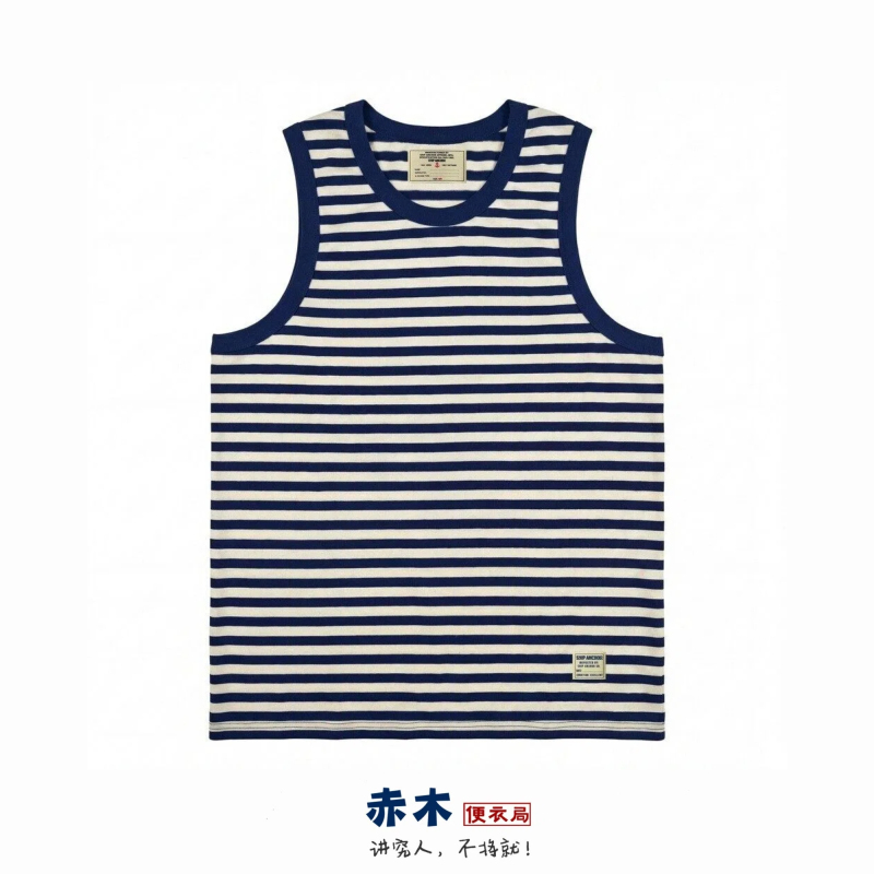 Navy Blue Striped Crew Neck Vest Summer American Retro Heavyweight Pure Cotton Amekaji Casual Sports Men's Sailor Shirt