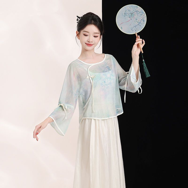 Internet-Famous Classical Dance Costume, New Chinese Style, Ultra-Fairy, Loose-Fitting, High-End Printed Gauze Top, Flowing Gauze Pants, Chinese Dance Practice Outfit