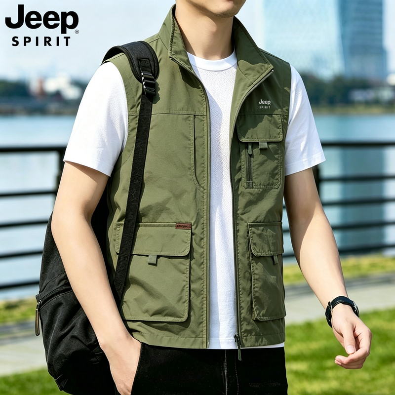 Jeep Outdoor Casual Style Multi-Pocket Vest for Men 2026 Spring and Autumn New Loose Fit Stand Collar Zipper Breathable Vest Jeep Outdoor Casual Style Multi-Pocket Vest for Men 2026 Spring and Autumn New Loose Fit Stand Collar Zipper Breathable Vest