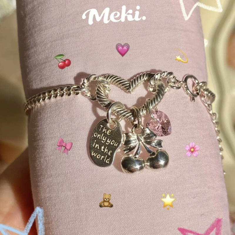 Meki Sterling Silver Bracelet for Women, Niche Design, Cream Cherry, Versatile, Stackable, Adjustable, Sweet Temperament, Fairy Style Meki Sterling Silver Bracelet for Women, Niche Design, Cream Cherry, Versatile, Stackable, Adjustable, Sweet Temperament, Fairy Style