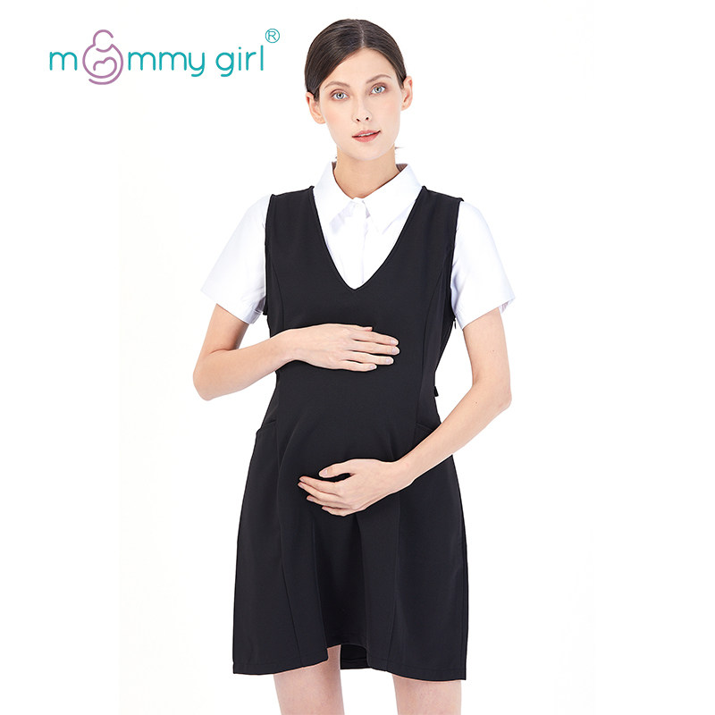 Pregnant Woman Lian Dress Spring Autumn V Collar Temperament Big Code Pure Color Interview For Work Positive Dress OL Working Dress a Skirt Spring Summer-Taobao