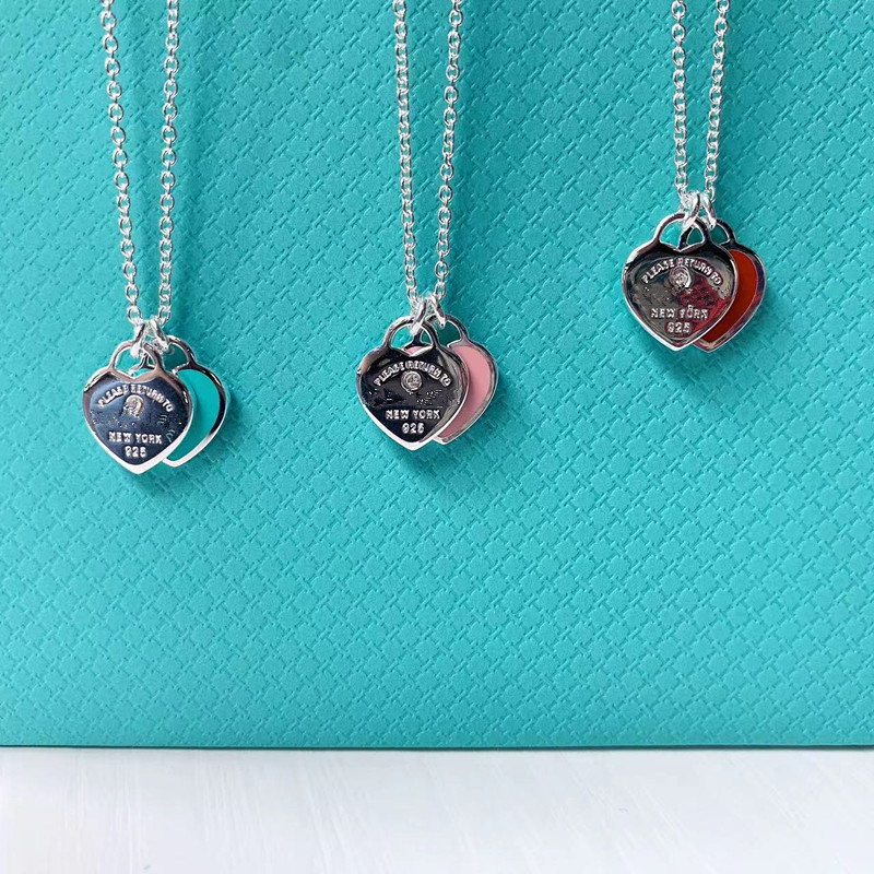T home 2022 new 925 sterling silver blue heart pink heart double heart love diamond fashion premium necklace female