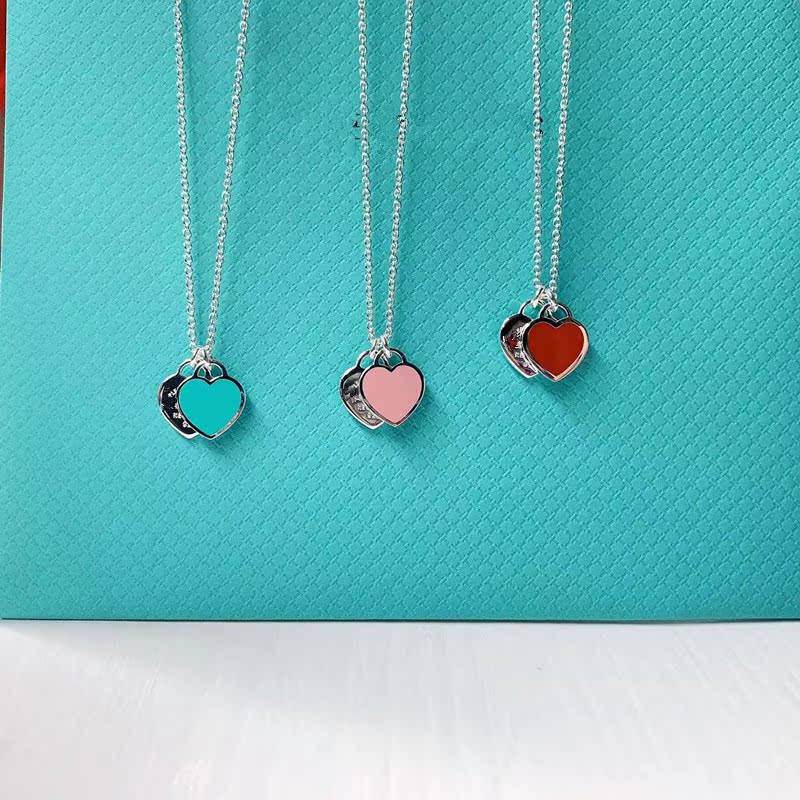 T home 2022 new 925 sterling silver blue heart pink heart double heart love diamond fashion premium necklace female