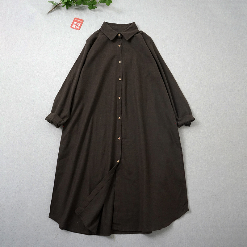 Autumn and Winter Pure Cotton Japanese-Style Artistic Brushed Cotton Long-Sleeve Dress, Dark Coffee Color, Loose and Versatile, Slimming Shirt Dress Autumn and Winter Pure Cotton Japanese-Style Artistic Brushed Cotton Long-Sleeve Dress, Dark Coffee Color, Loose and Versatile, Slimming Shirt Dress