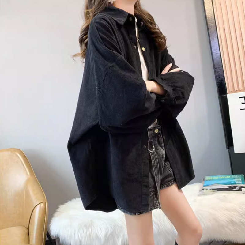 Lazy Style Black Corduroy Shirt for Women, New Autumn and Winter Korean Style Loose and Fashionable Long-Sleeved Casual Jacket