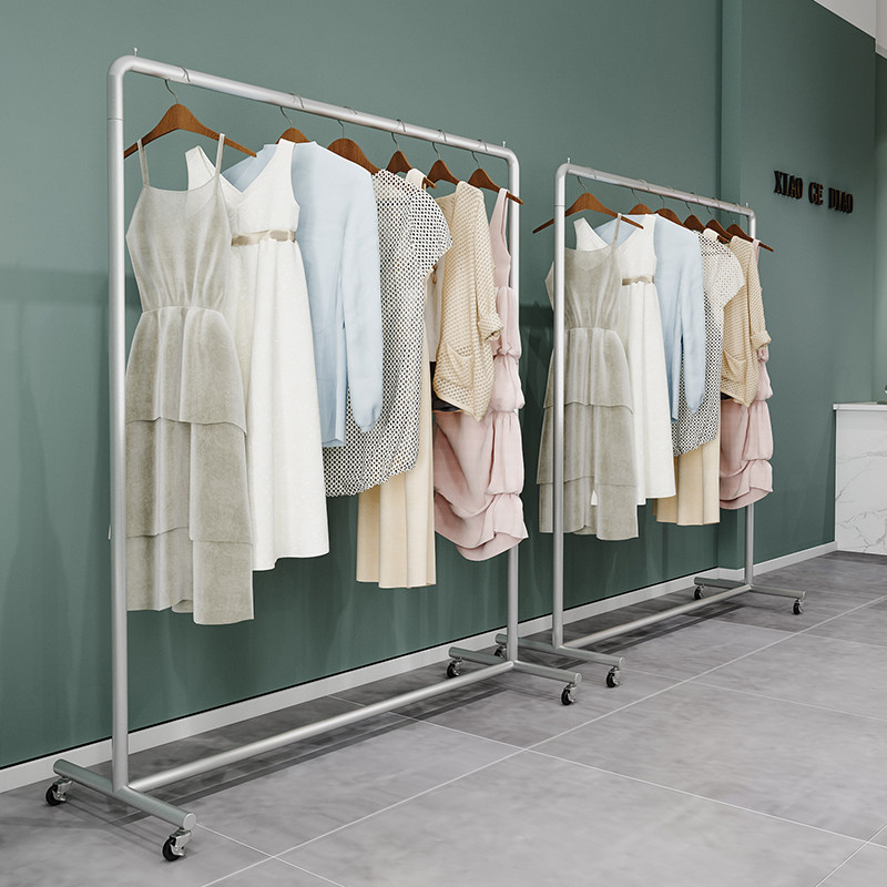 Stainless Steel Clothing Store Show Shelves Landing Hanger Girls Uni-Pole Pendulum Stall Drying Racks Special Mobile Belt Wheel-Taobao