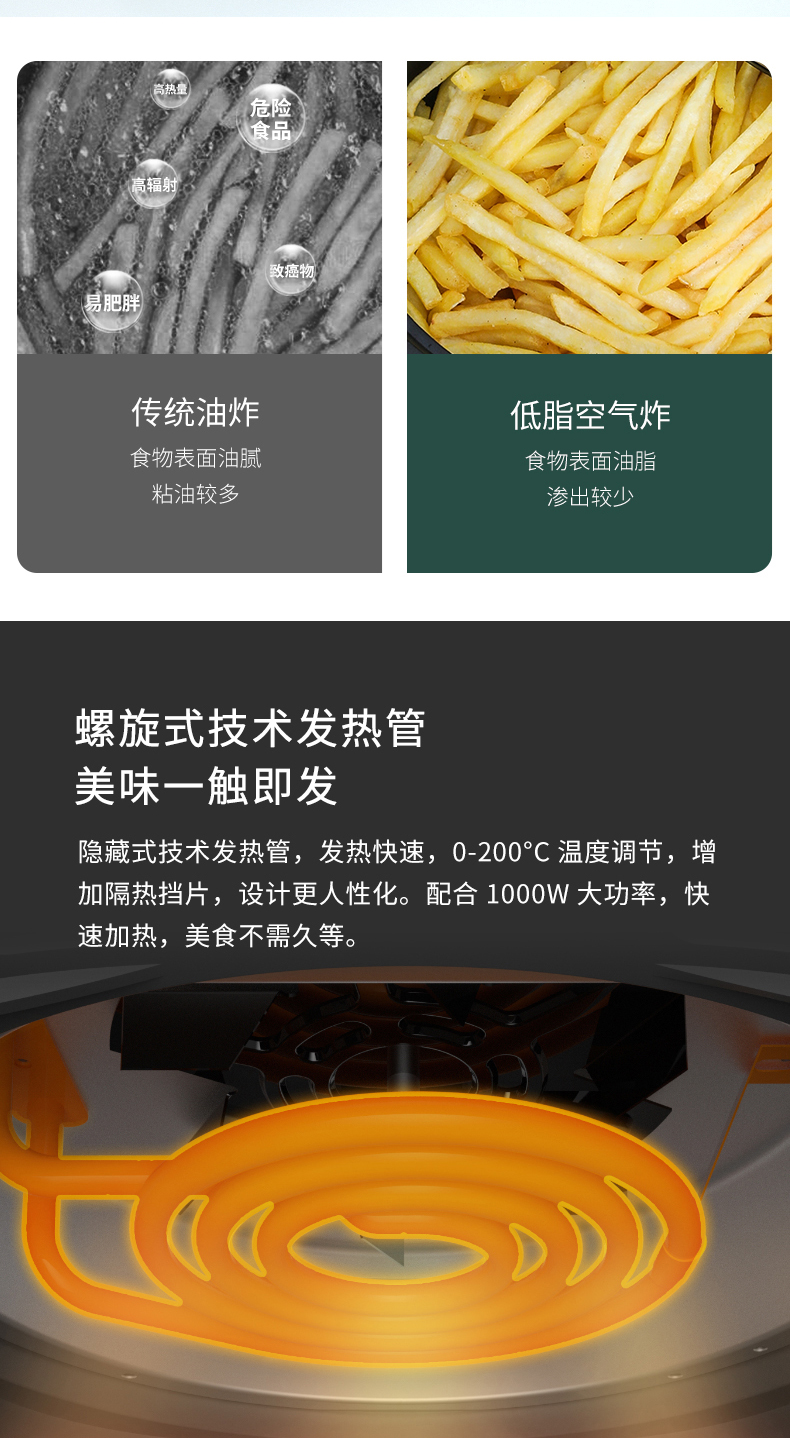 康巴赫 全自动多功能空气炸锅 3.5L 无油炸薯条酥脆口感 图5