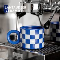 Klein Blue Ceramic Water Cup Mark Cup With Cover Lovers Cup Children Cute Chessboard Grid Creative Coffee Cup Guys