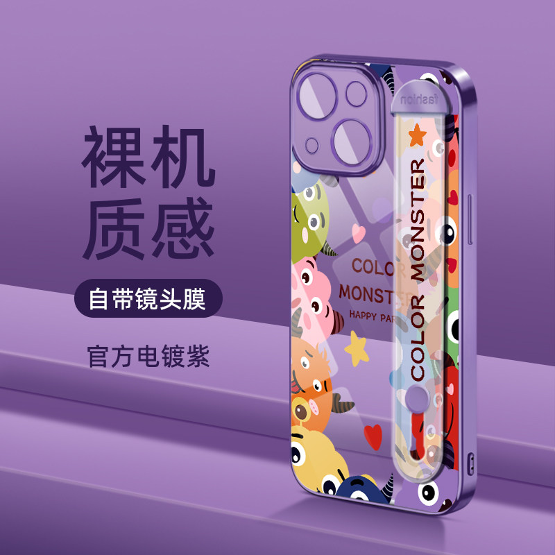 Monster Applies Apple 14Plus Electroplating Mobile Phone Shell New Promax Transparent Summer Apple 13 Wristband Bracket Cartoon 15 Cute Women's Section Anti-Fall 12 Lens Film Full Package 11 Advanced Sensation Wave