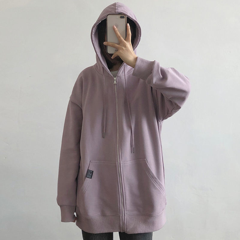 2020 autumn new car label hooded sweatshirt women's tide Joker loose solid color long sleeve zipper cardigan casual coat