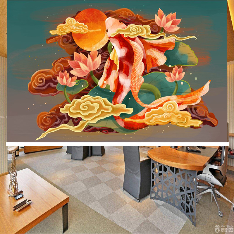 Rolling curtain custom koi auspicious clouds dragon and phoenix auspicious rise flat figure living room bedroom study office porch partition background