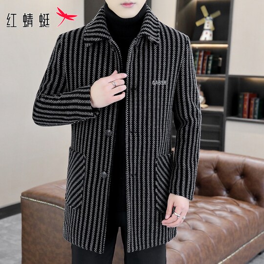红蜻蜓中长款毛呢羽绒服男士冬季新款休闲条纹大衣加绒风衣外套男